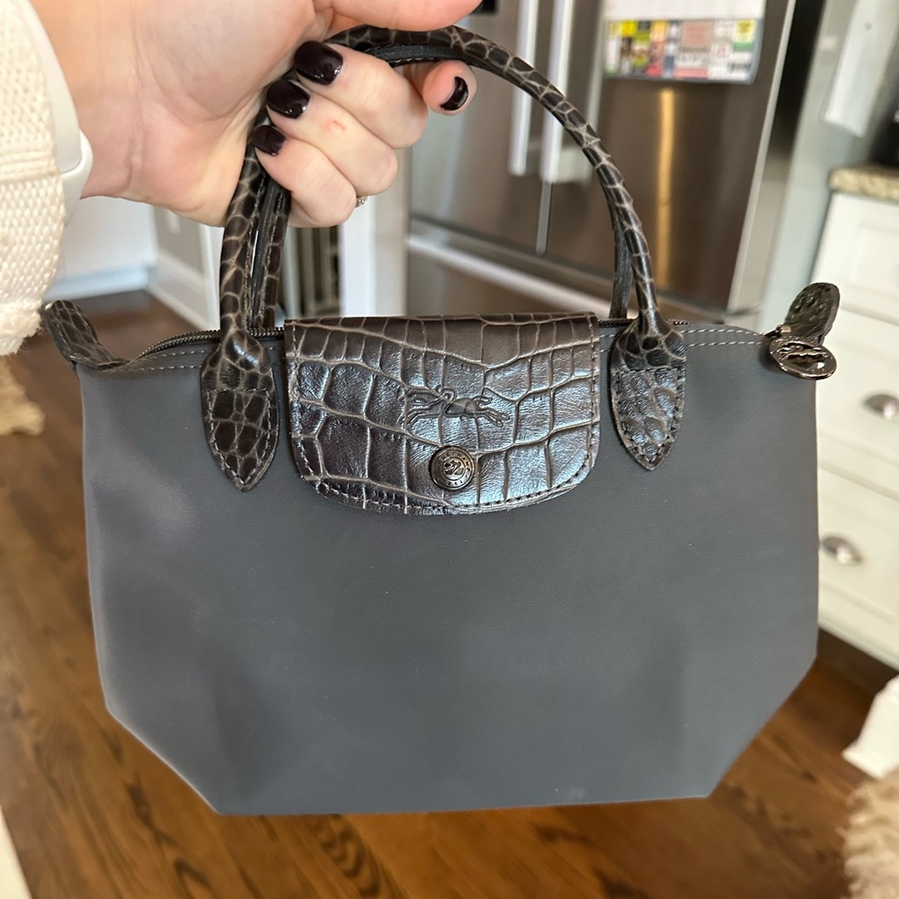 Longchamp small grey handbag with croc-embossed leather